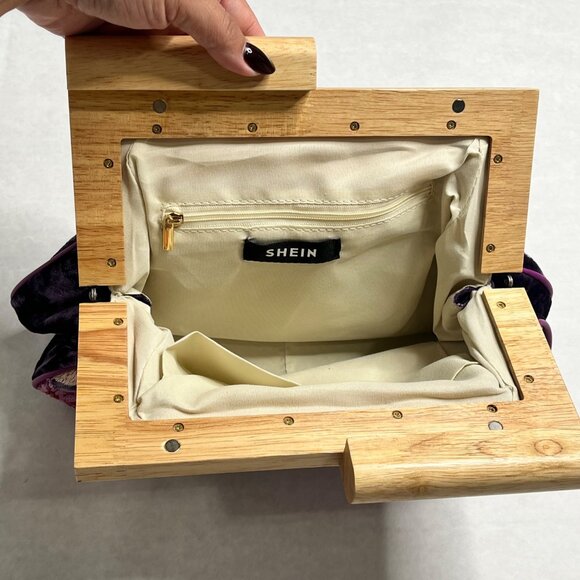 Floral Sequin Embellished Clutch With Velvet & Wooden Frame purple shein - Picture 7 of 7